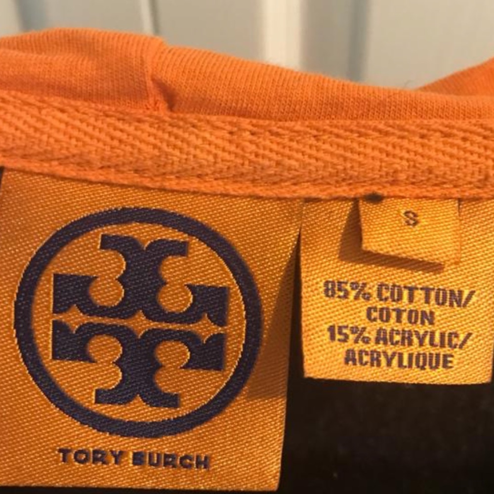 TORY BURCH NAVY & ORANGE HOODIE LOGO SWEATSHIRT, S